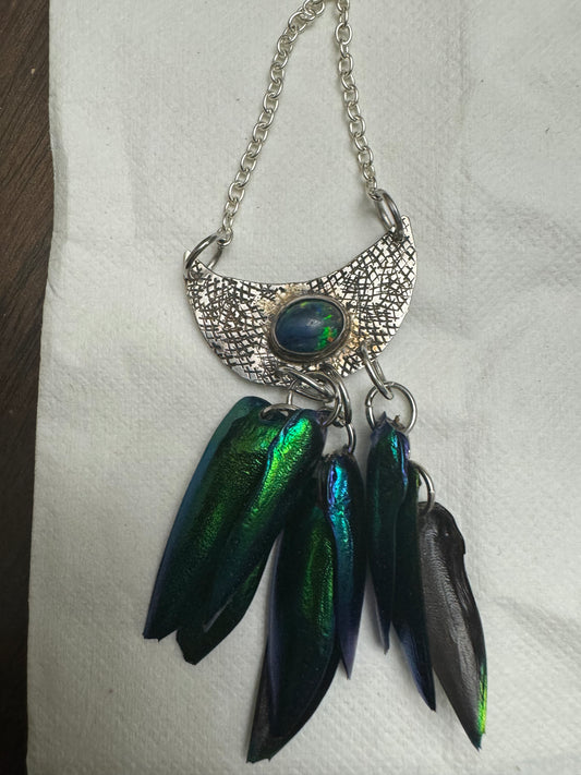 STERLING SILVER 	Black Opal and Beetle Wing Pendant